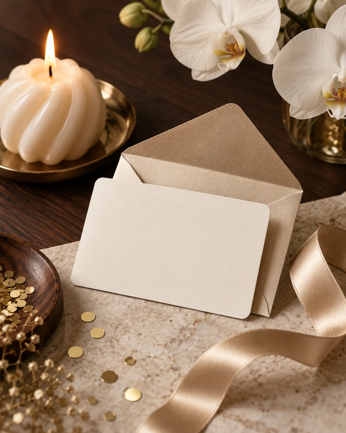 Carte-cadeau anniversaire avec orchidées et bougie