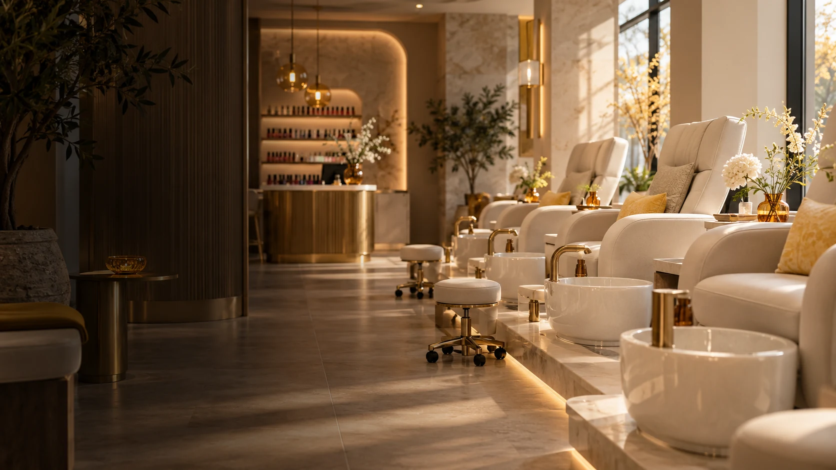 Photographie d'ambiance d'un salon de beauté aux tons dorés